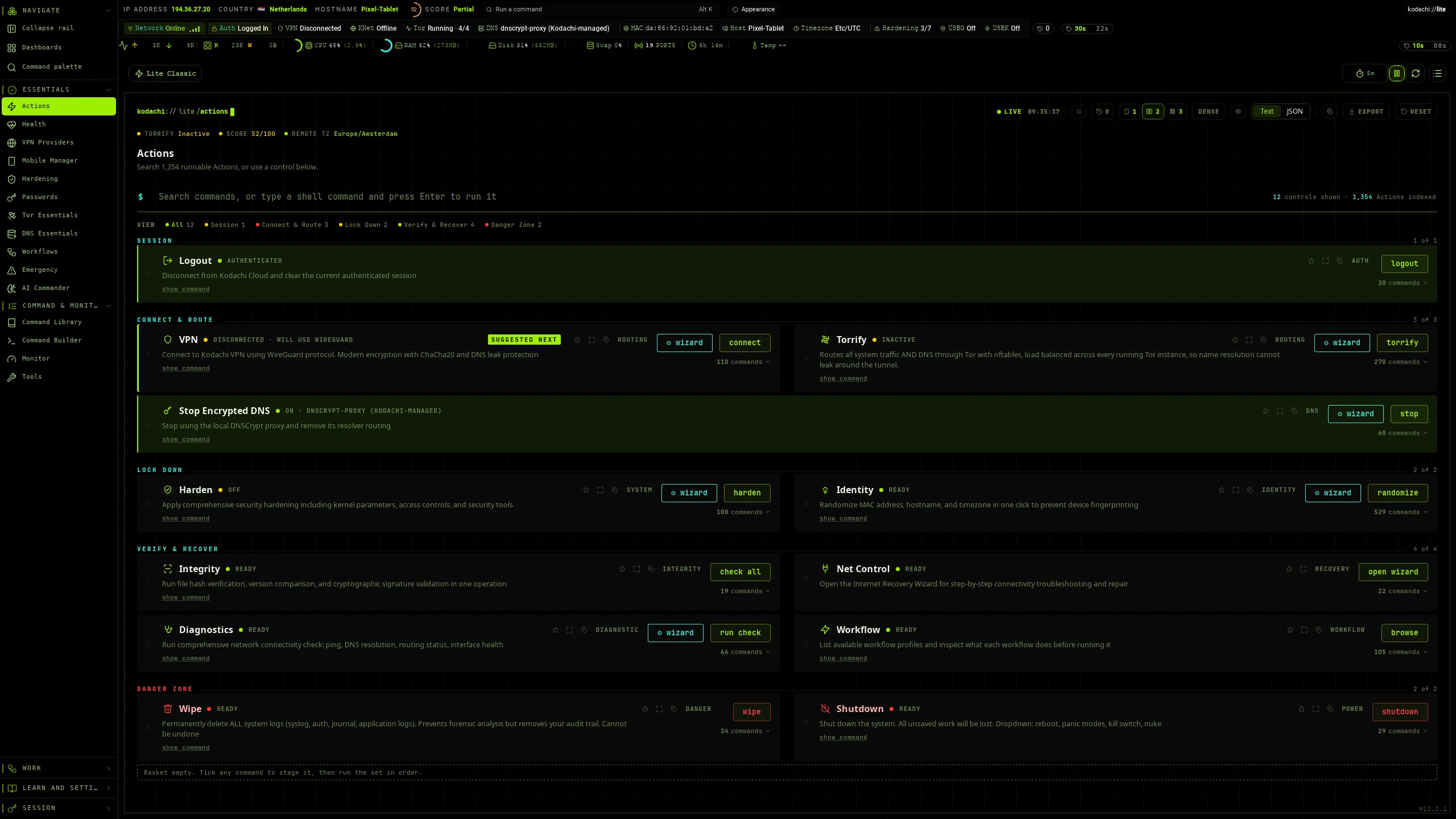 Kodachi dashboard, Actions