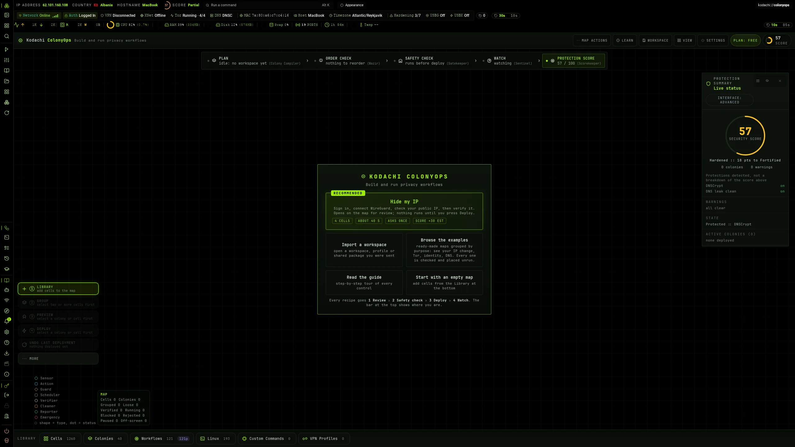 Kodachi dashboard, ColonyOps start screen