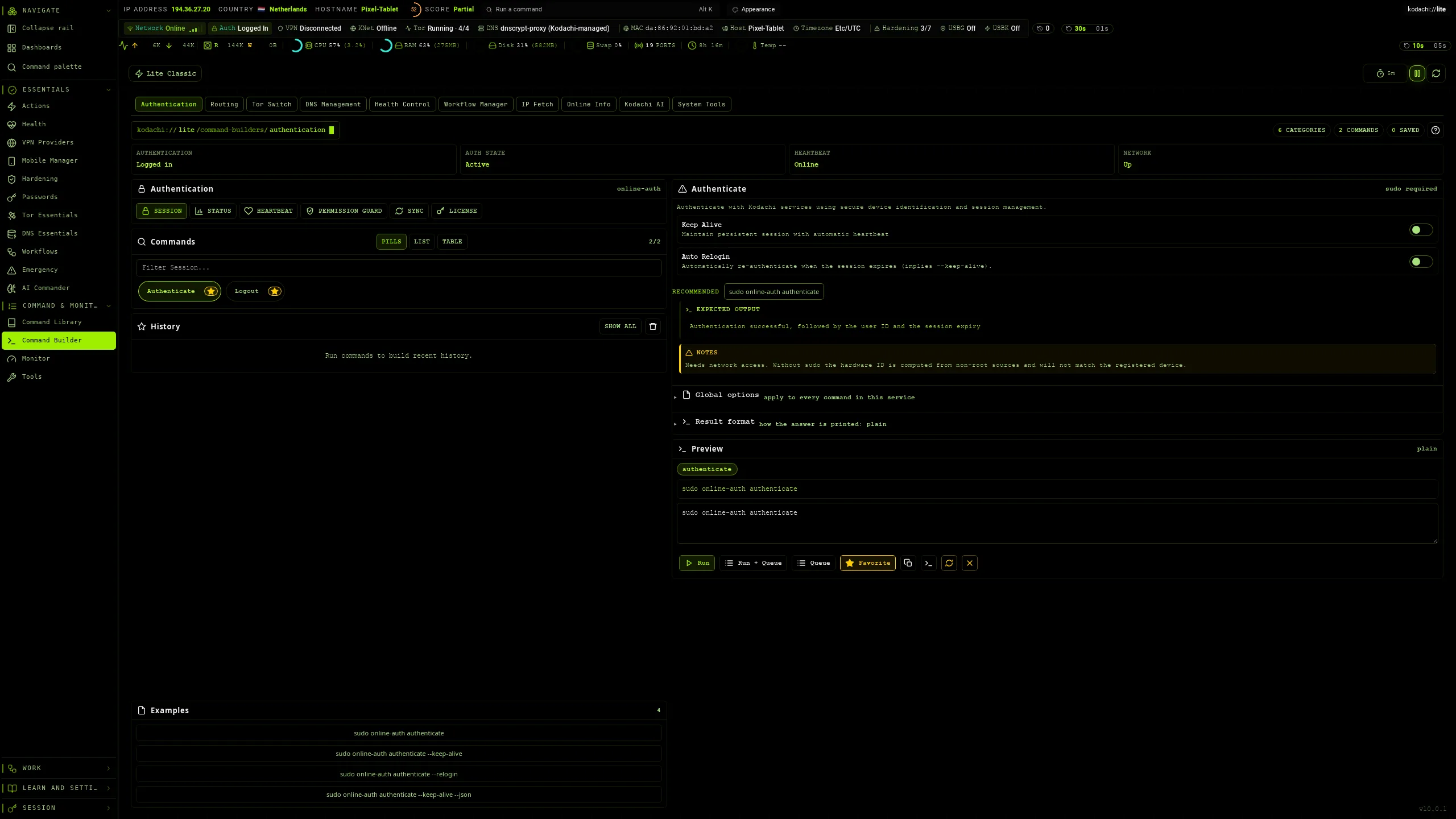 Kodachi dashboard, Command builder