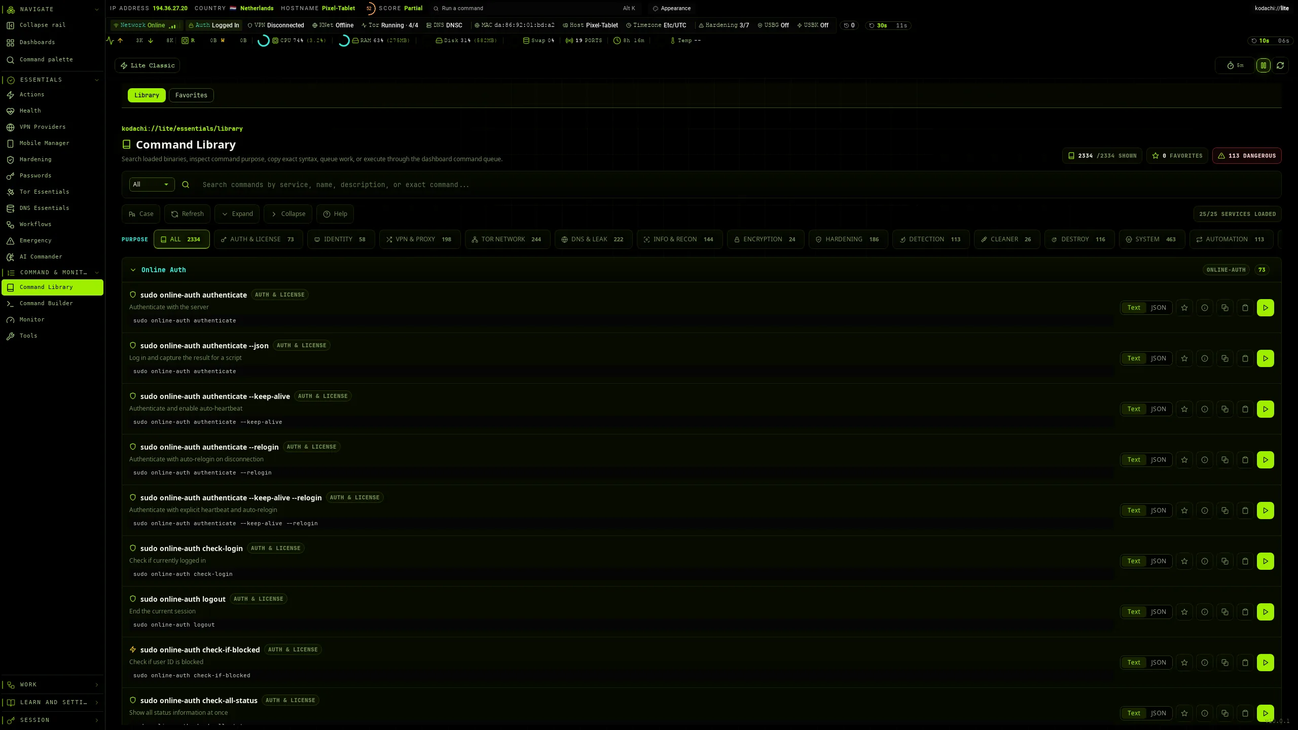 Kodachi dashboard, Command library