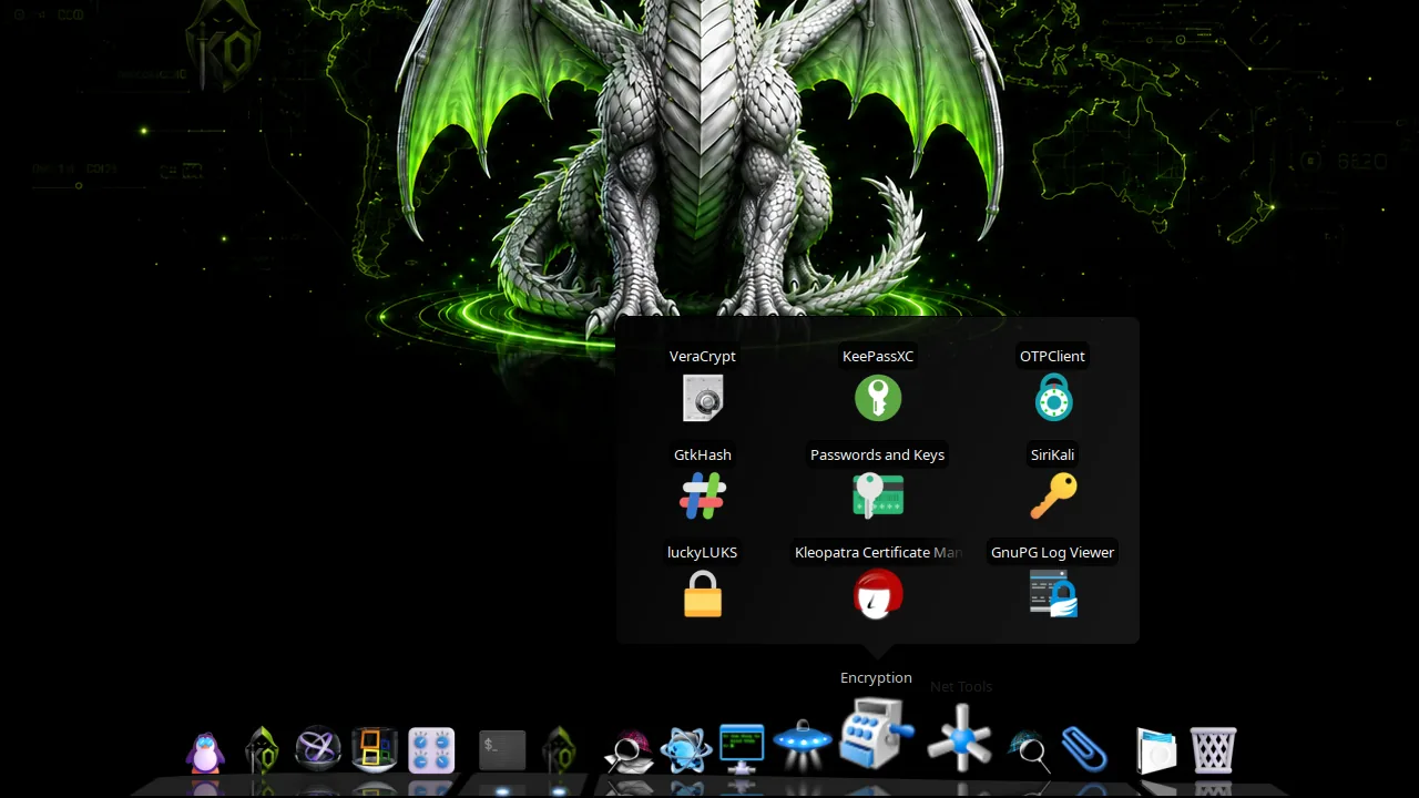 Kodachi dashboard, Dock, encryption tools