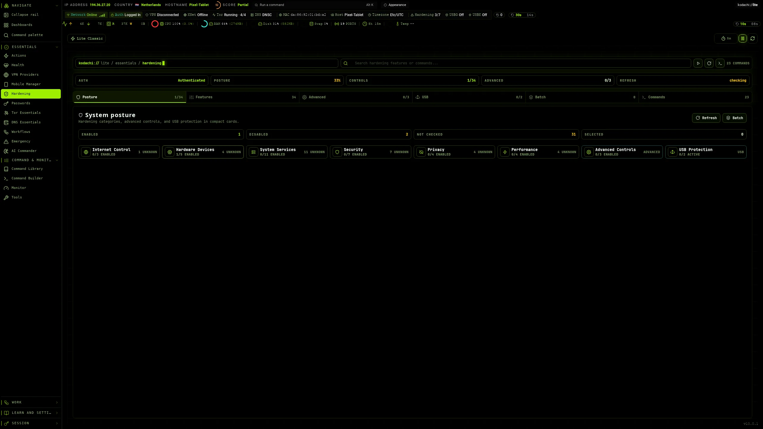 Kodachi dashboard, System hardening