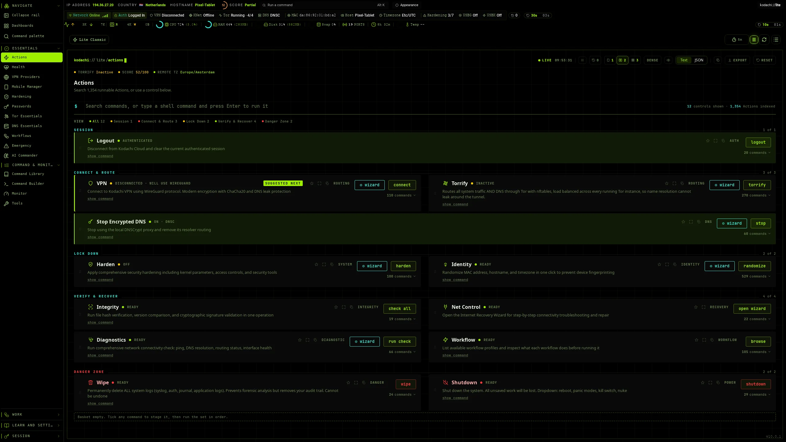 Kodachi dashboard, Lite Classic workspace