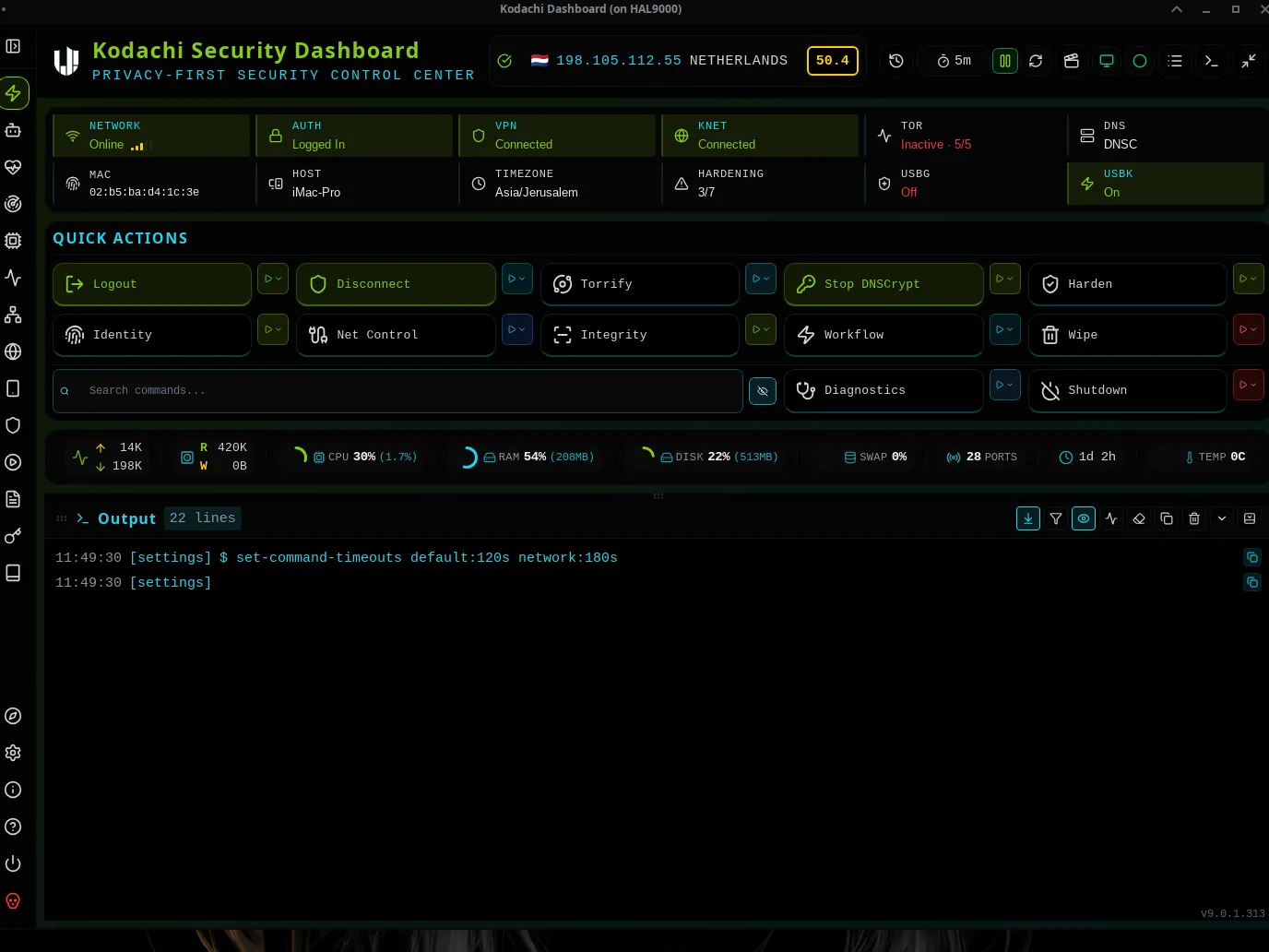 Kodachi Lite dashboard with status strip and quick actions
