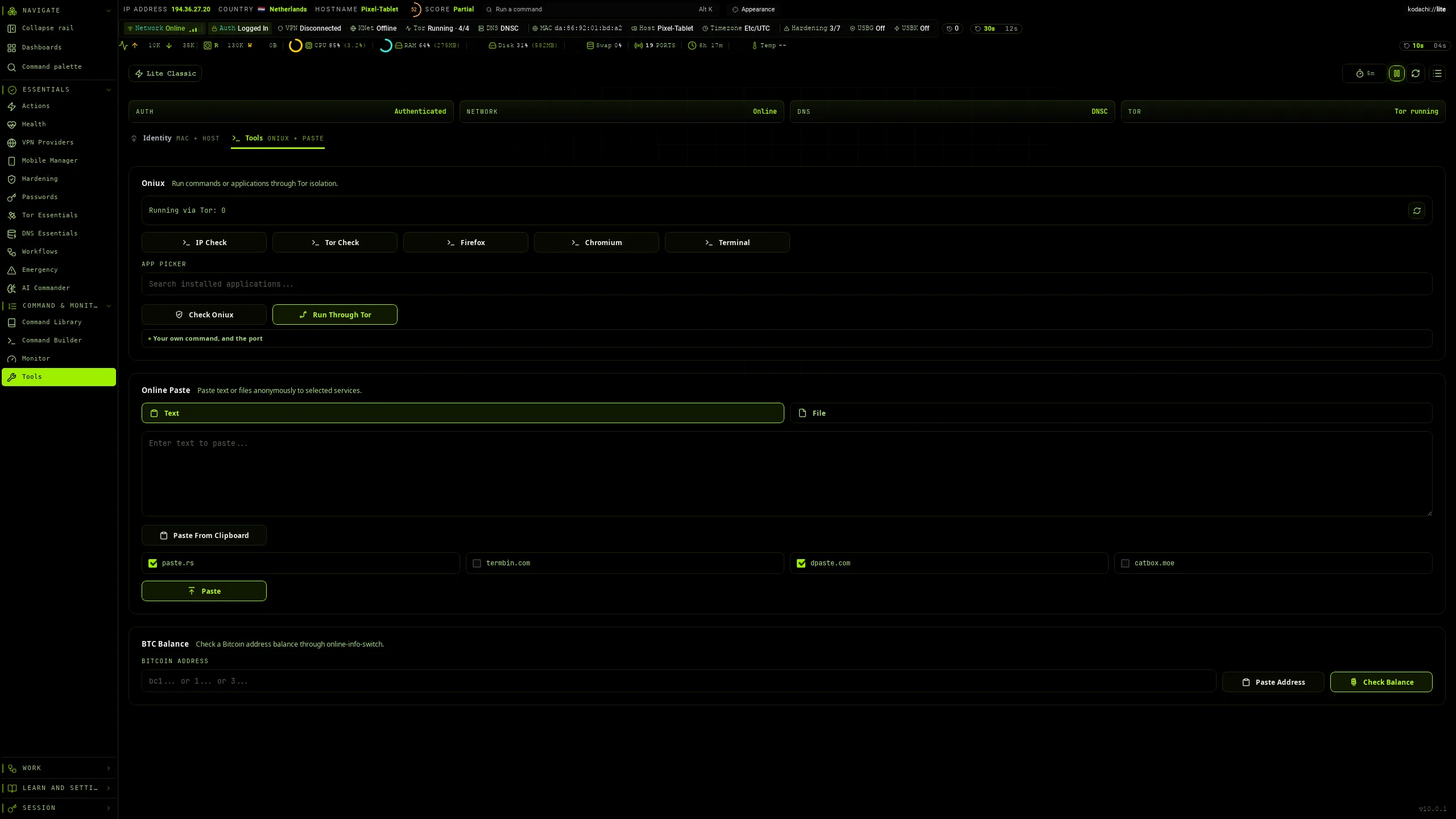 Kodachi dashboard, Tools