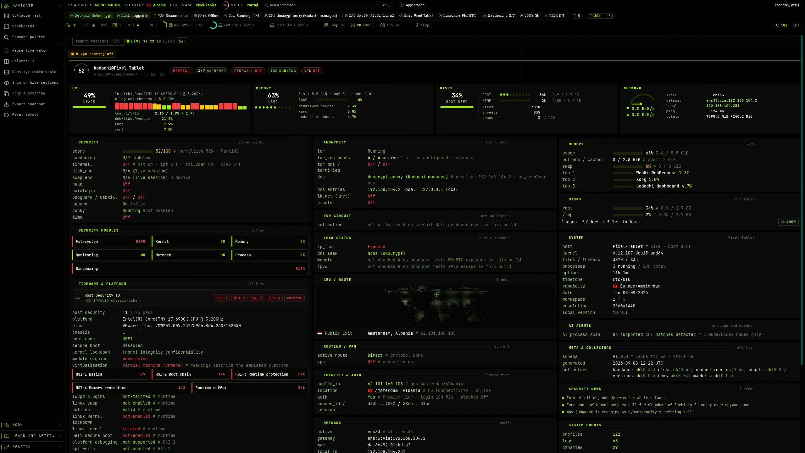 Kodachi 10 Vitals dashboard, live machine health in three columns