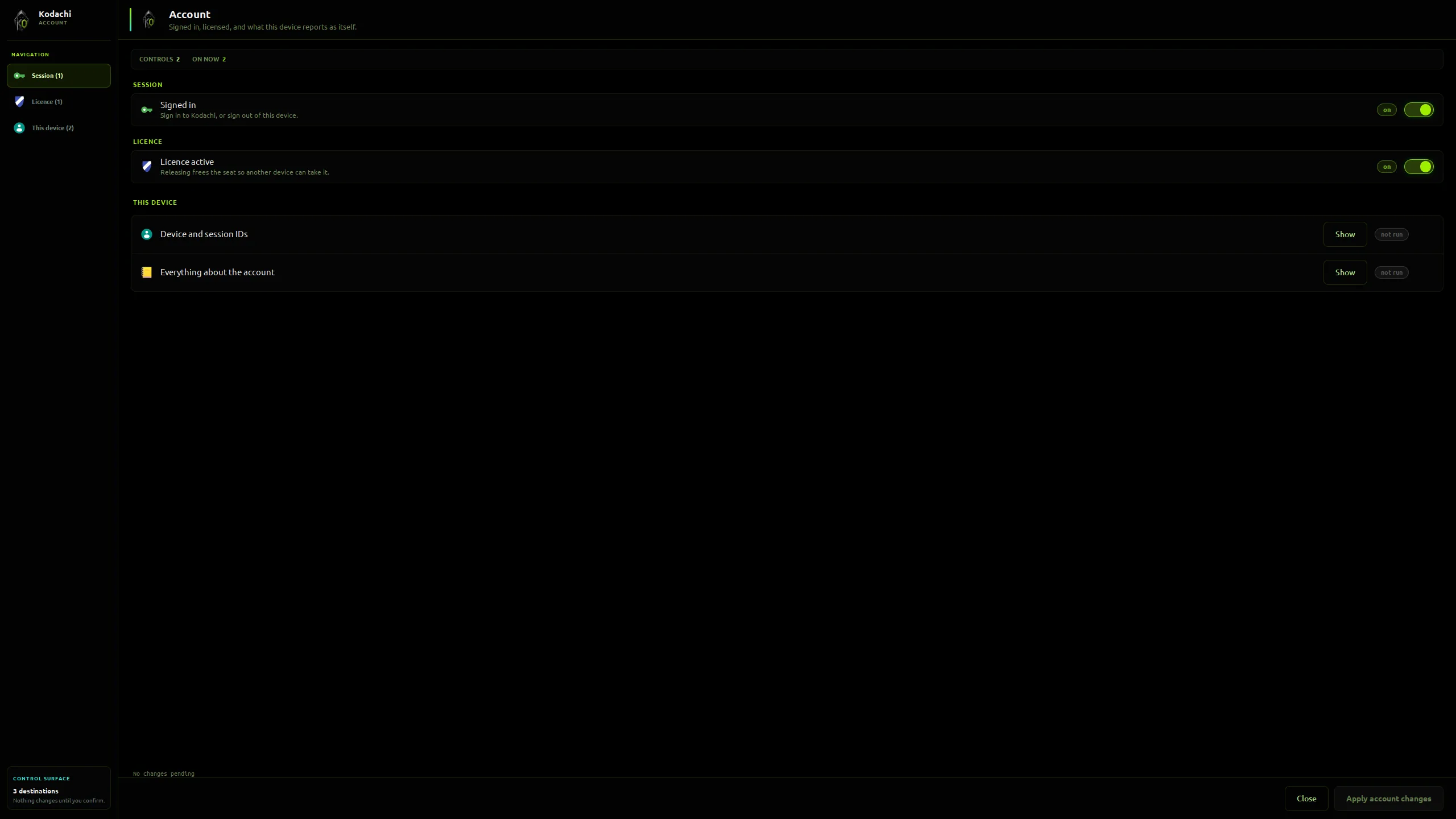 Kodachi dashboard, Account