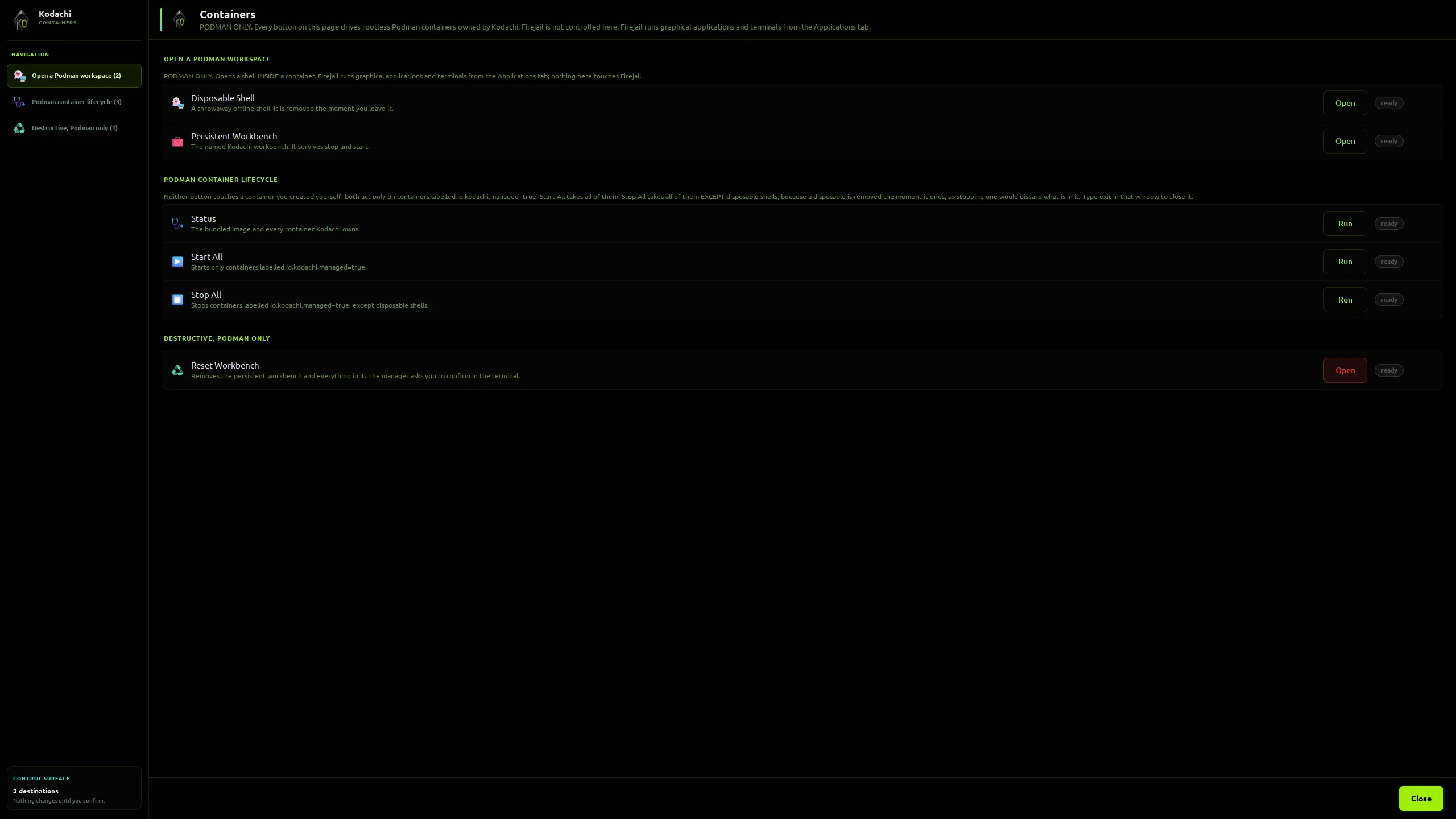 Kodachi dashboard, Containers