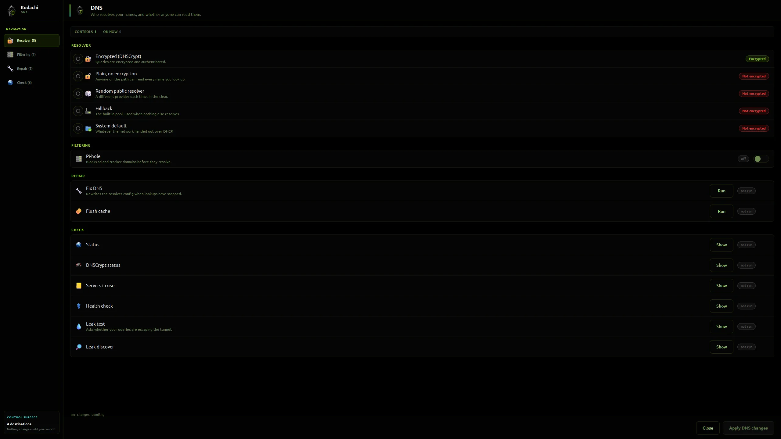 Kodachi dashboard, DNS