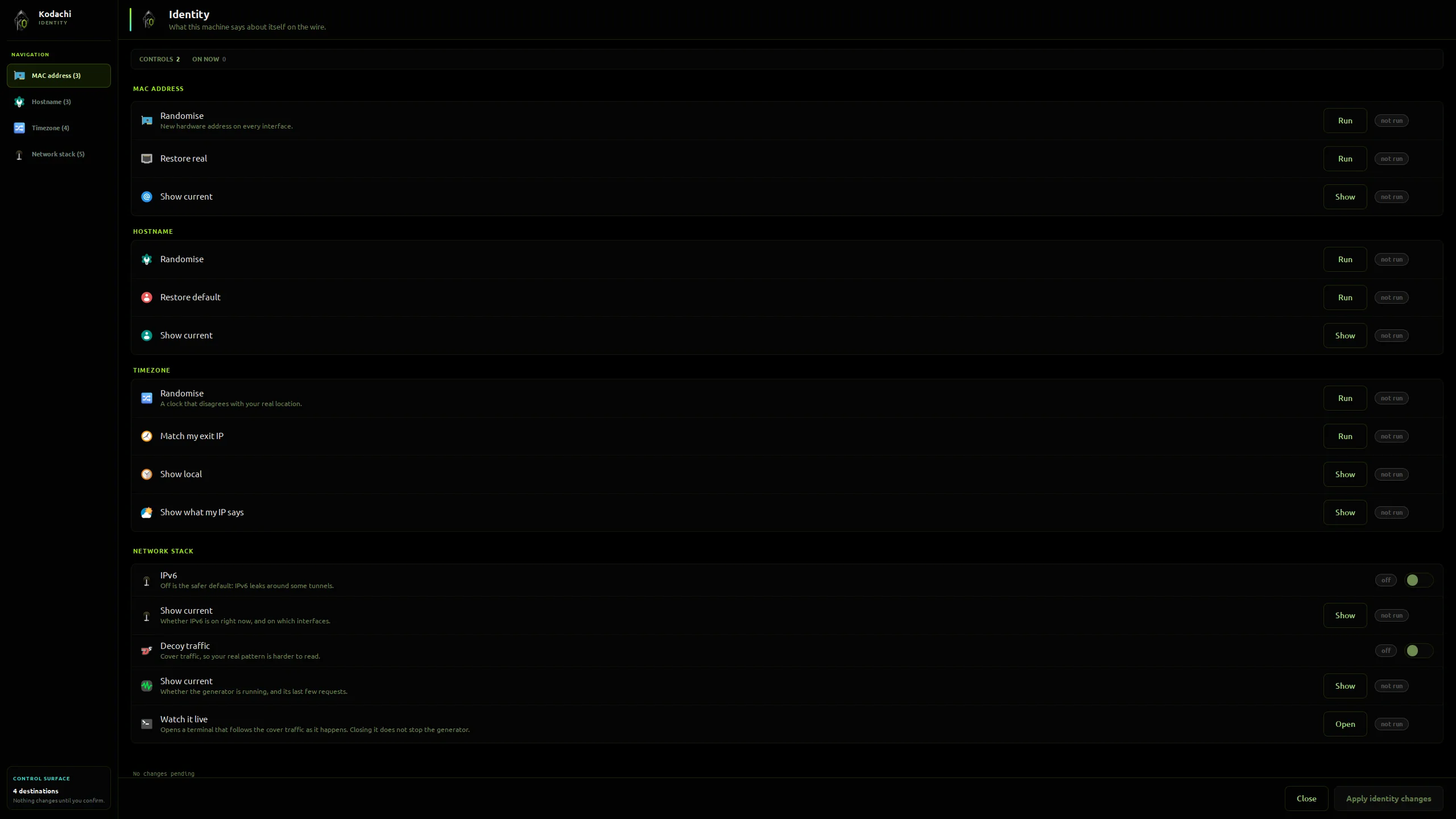Kodachi dashboard, Identity