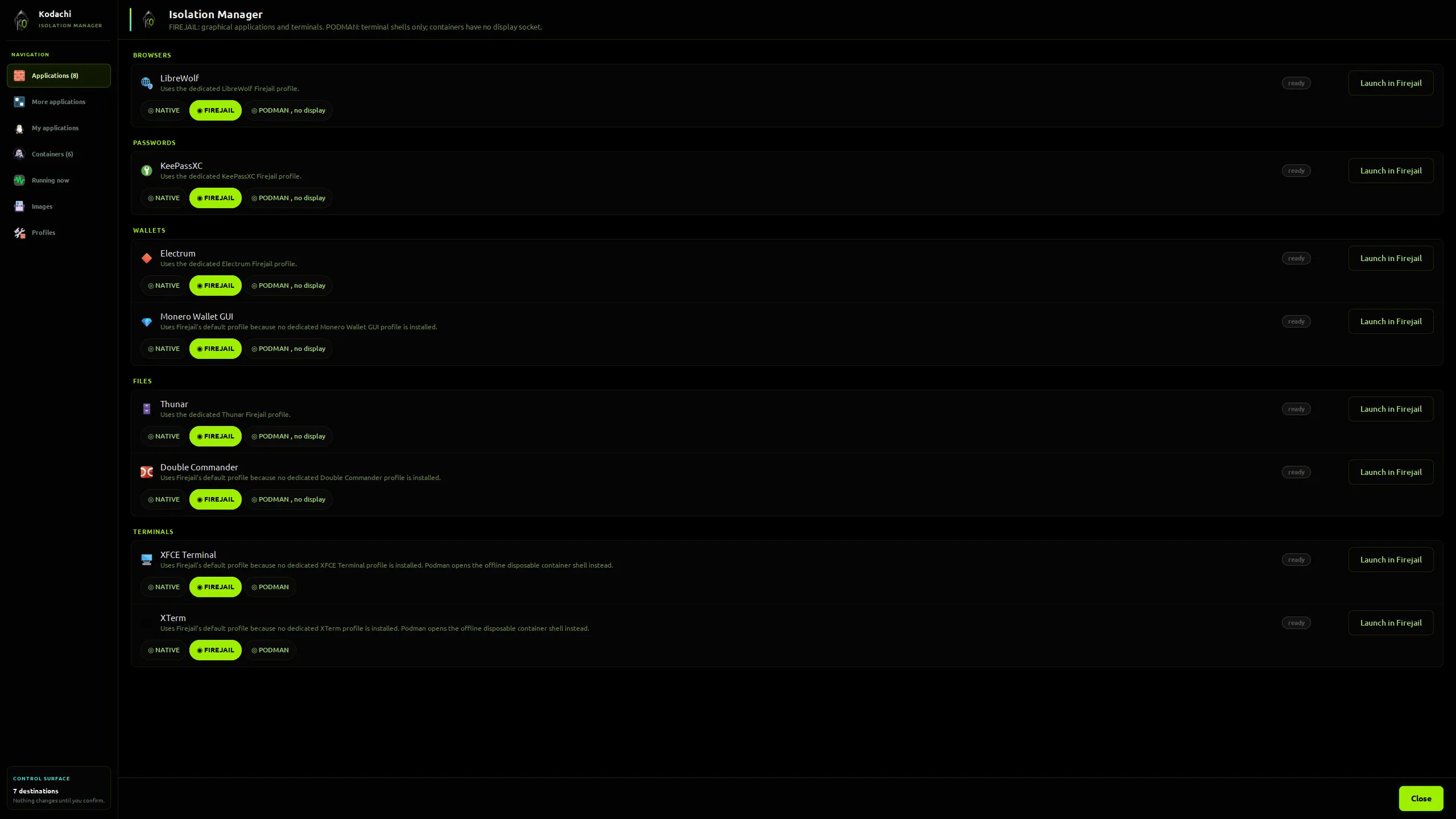 Kodachi dashboard, Isolation Manager