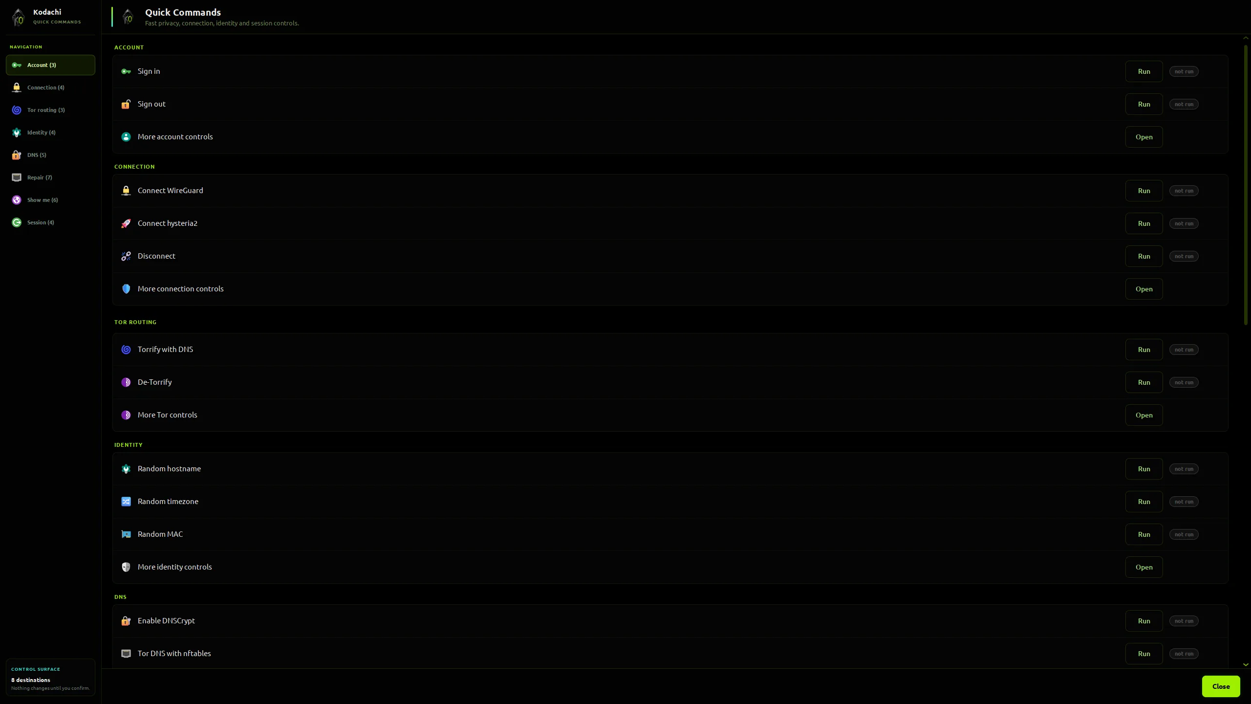 Kodachi dashboard, Quick Commands