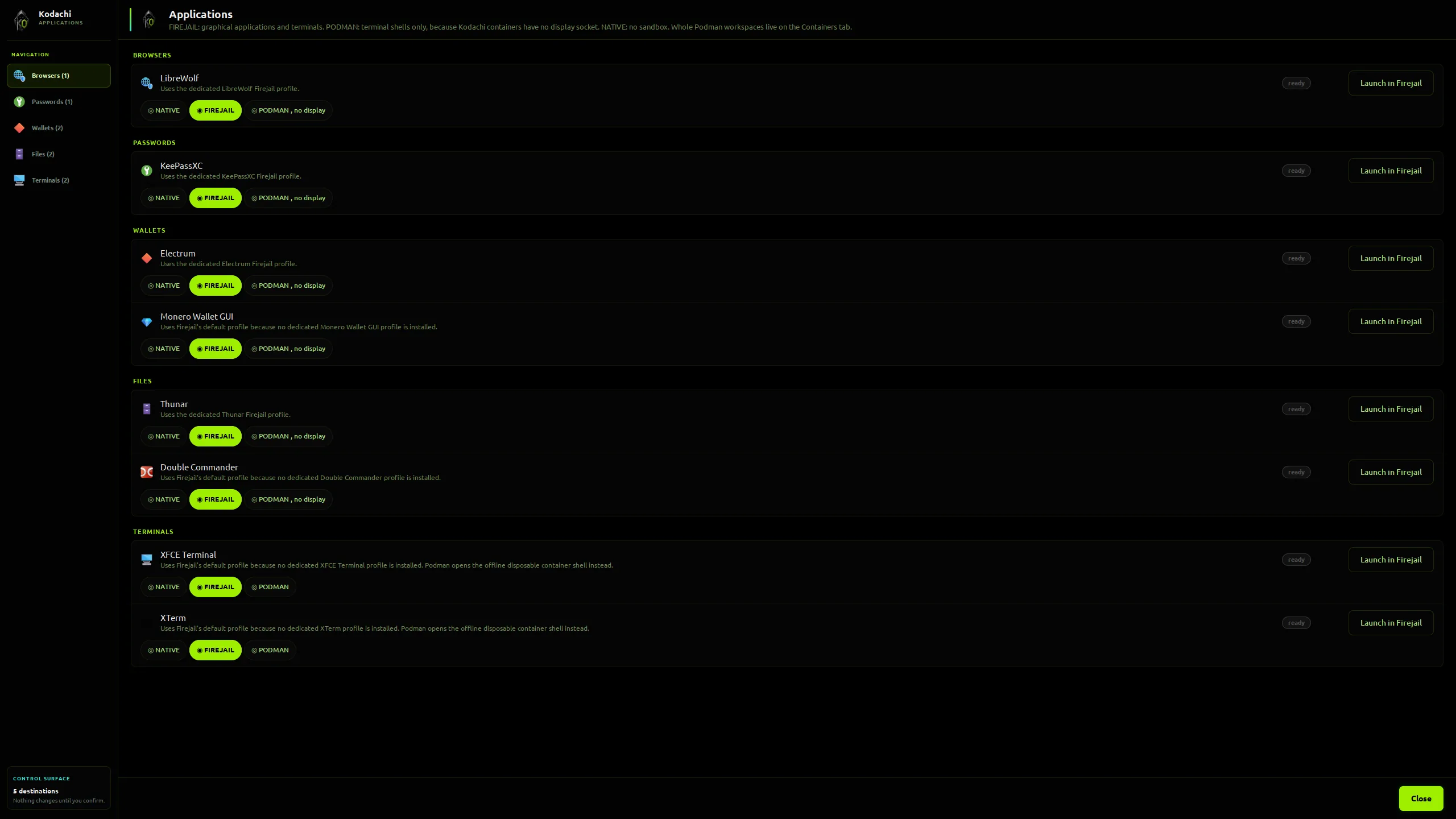 Kodachi dashboard, Sandboxed applications