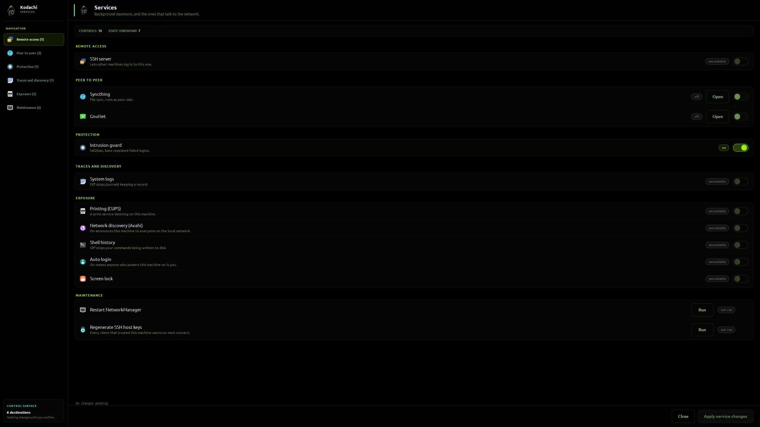 Kodachi dashboard, Services