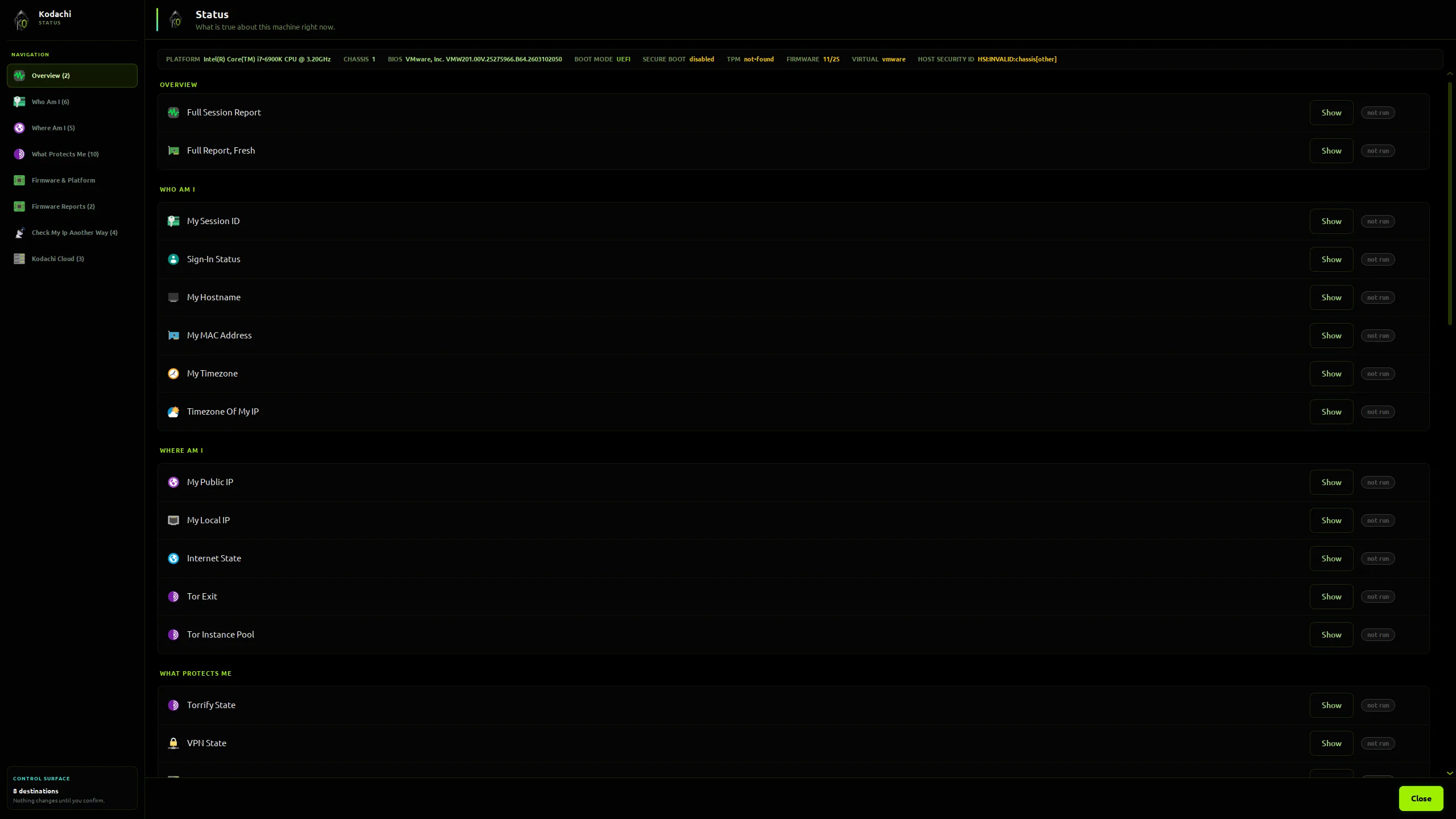 Kodachi dashboard, Status window