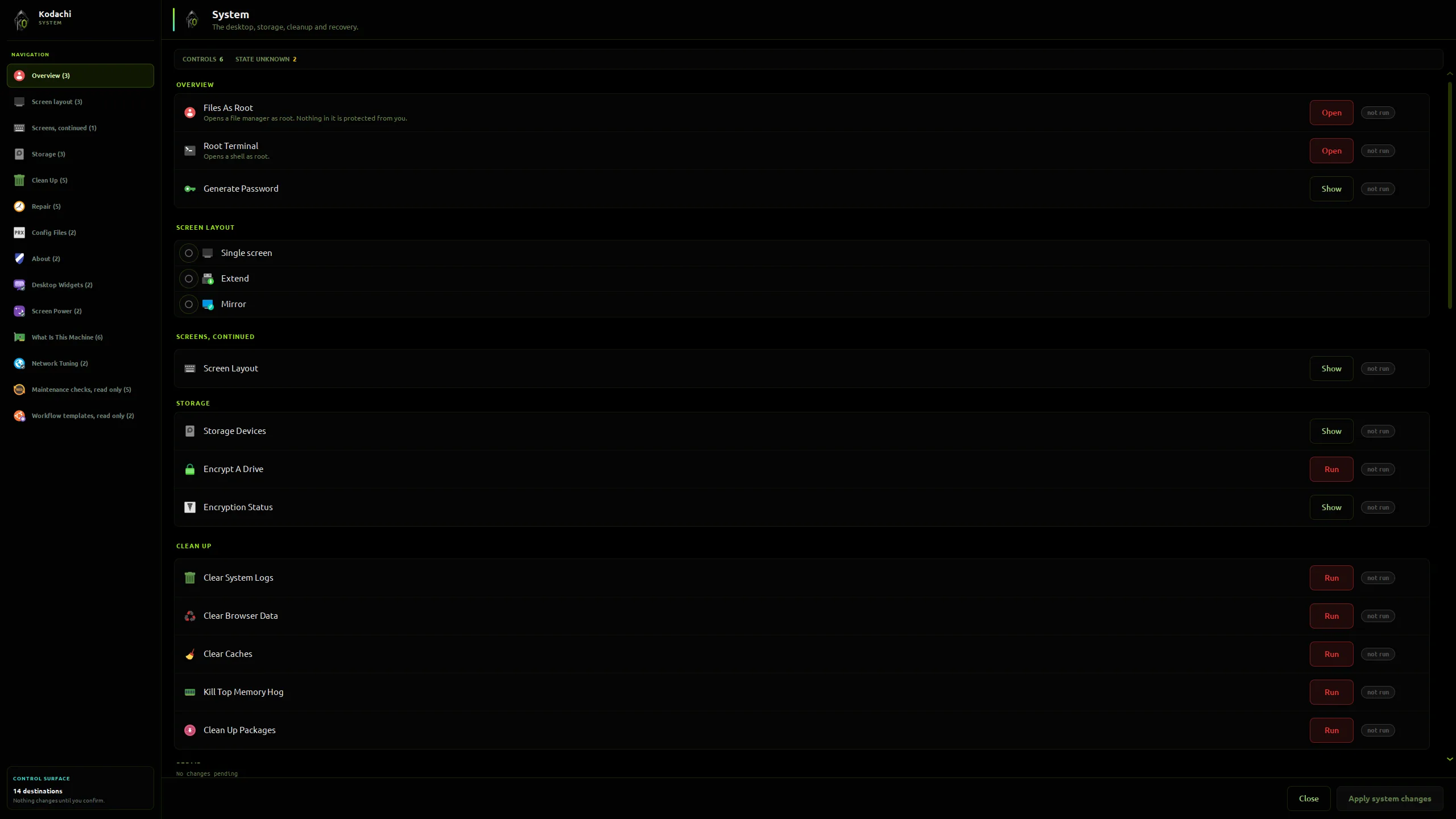Kodachi dashboard, System