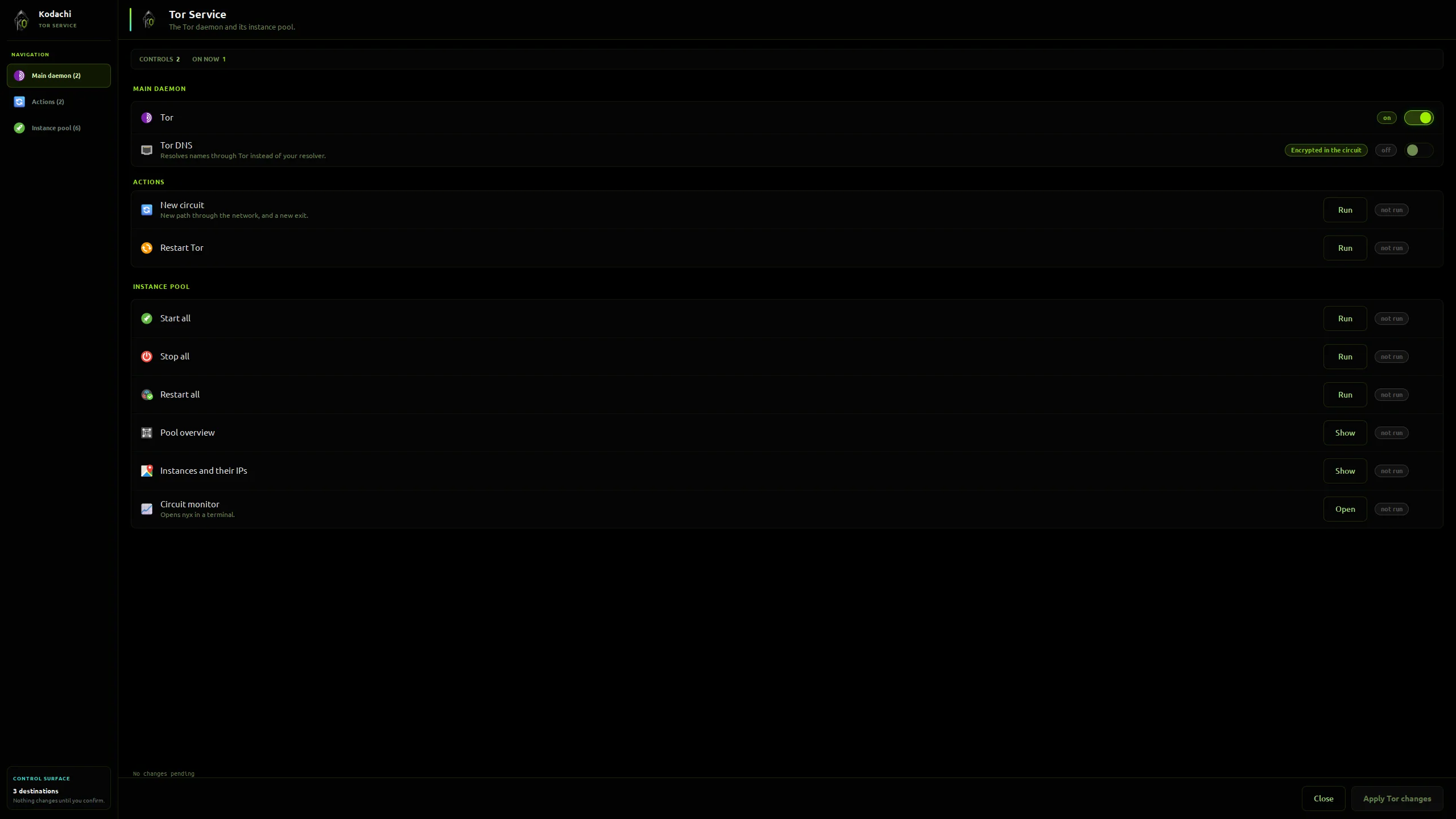 Kodachi dashboard, Tor service