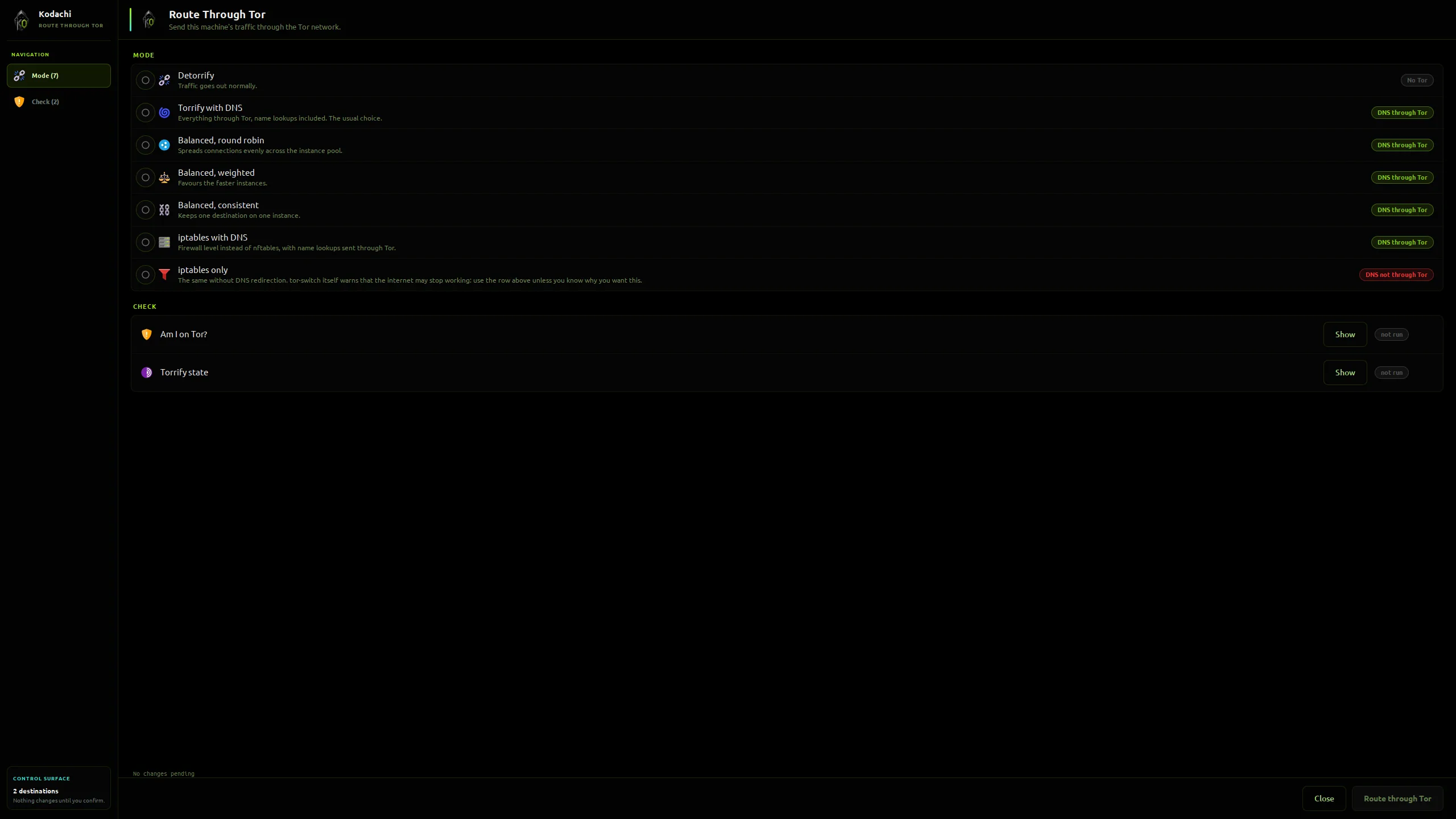 Kodachi dashboard, Route through Tor