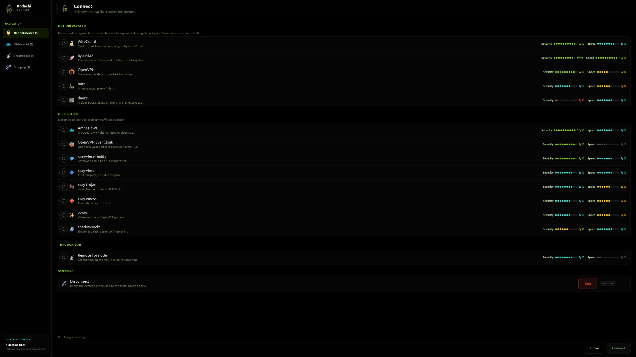 Kodachi dashboard, Connect