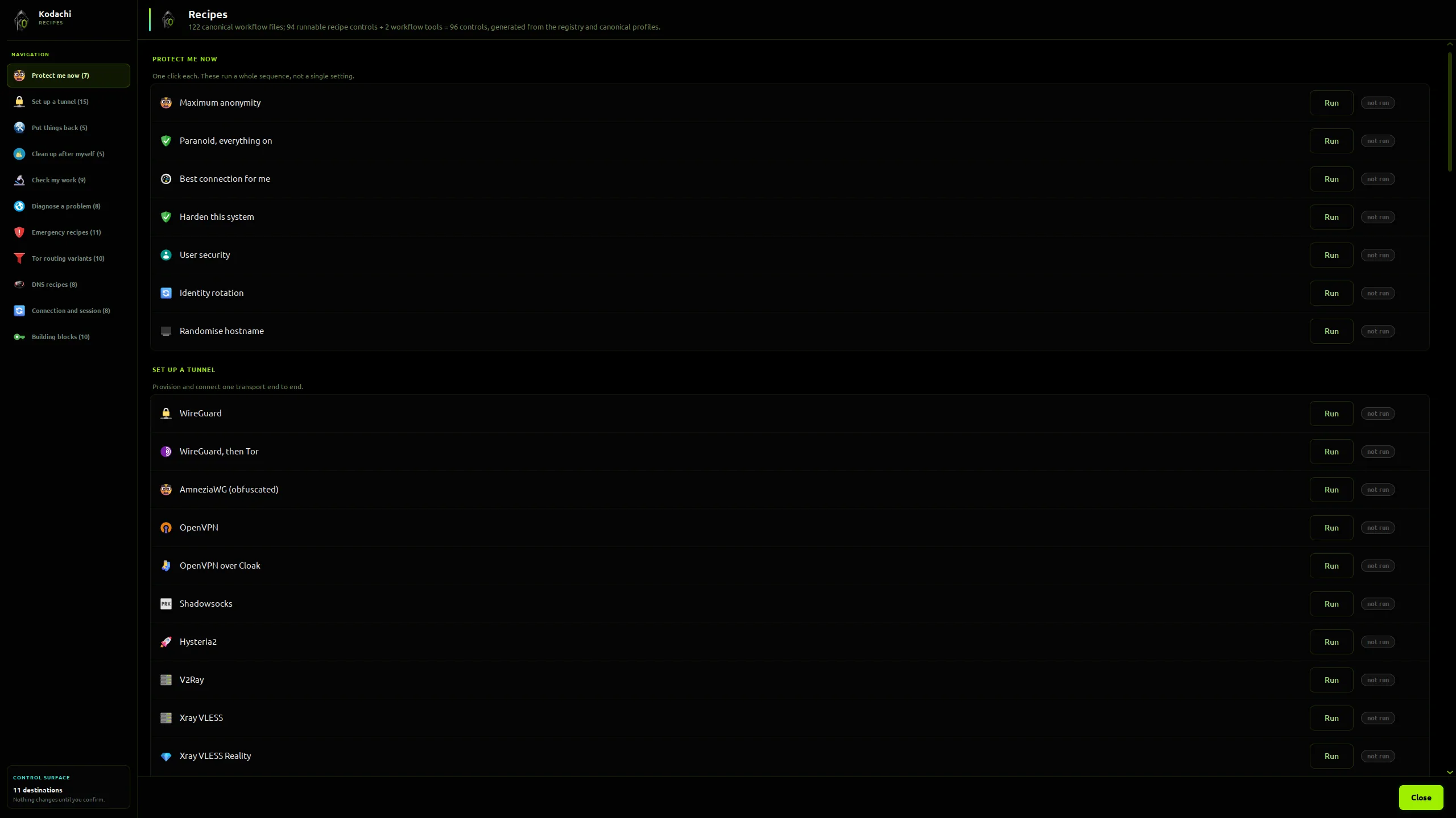 Kodachi dashboard, Recipes