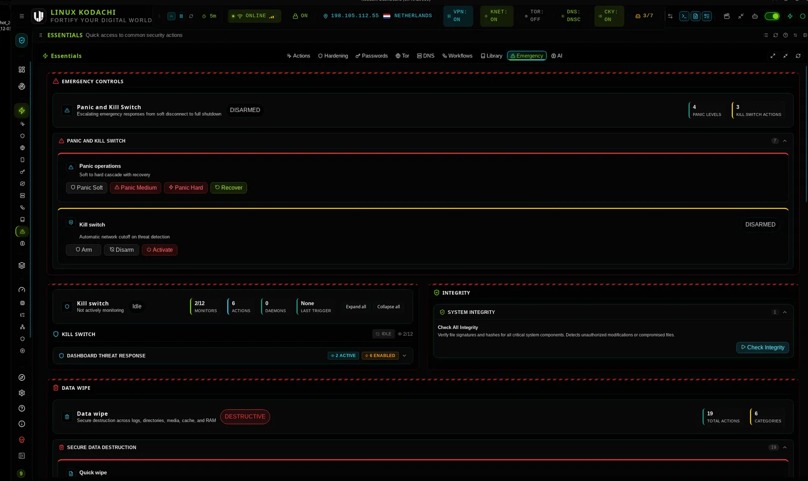 Kodachi dashboard, Emergency controls