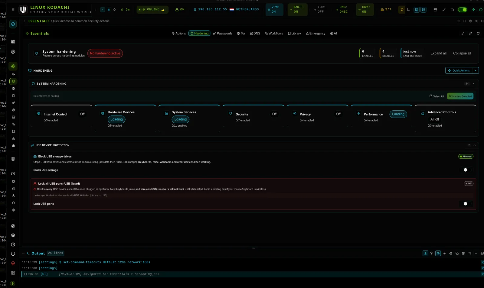 Kodachi dashboard, System hardening