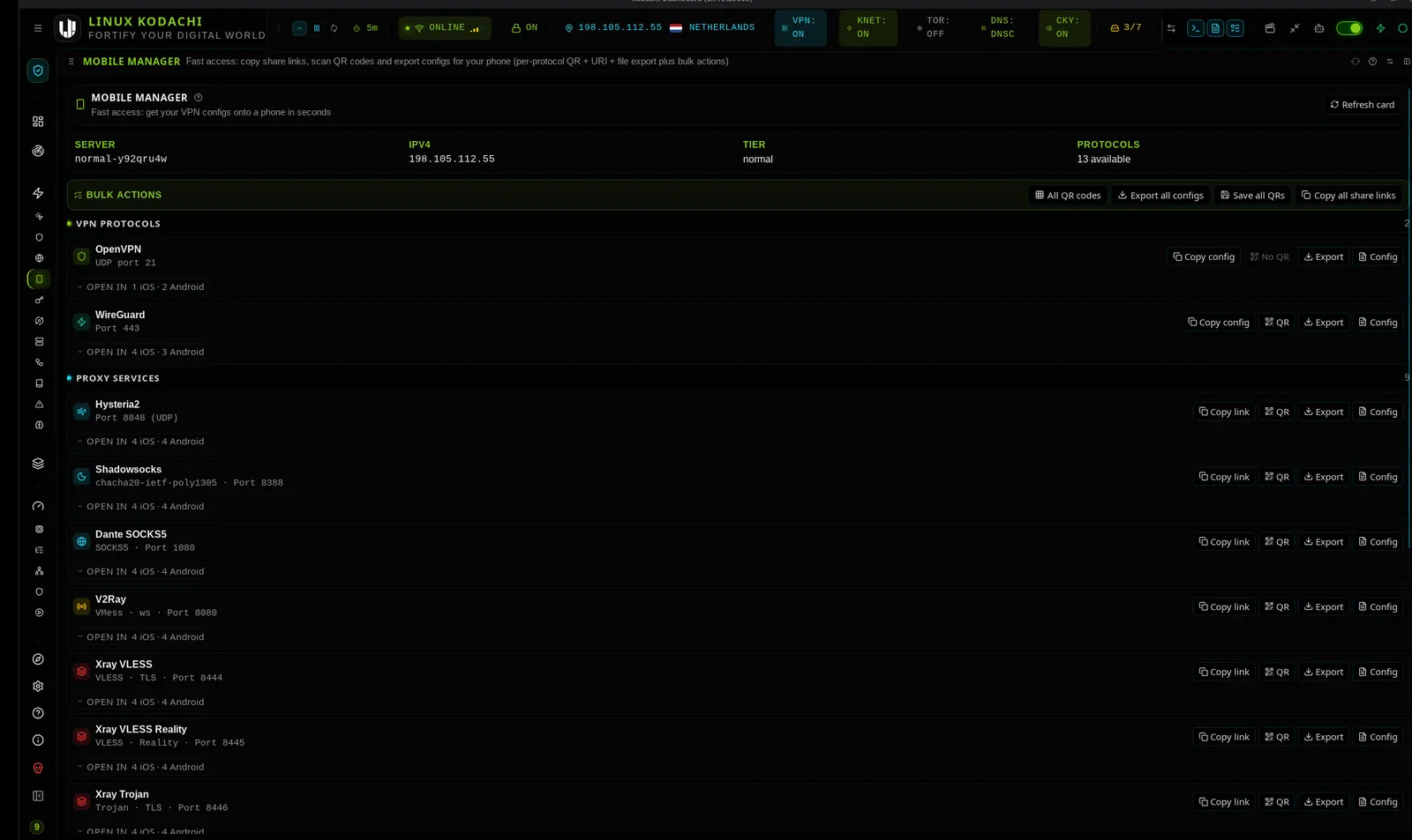 Kodachi dashboard, Mobile manager