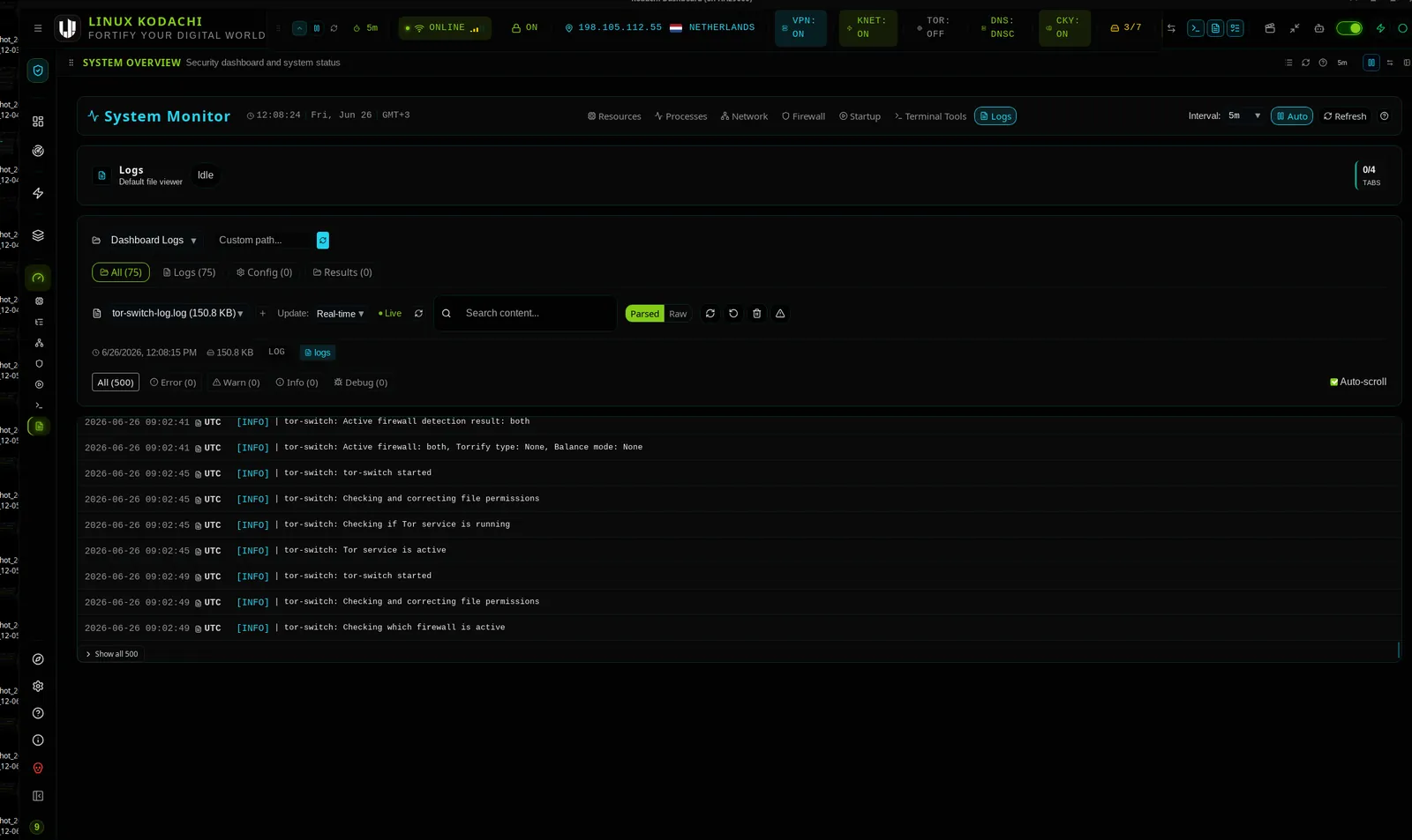 Kodachi dashboard, System monitor, logs