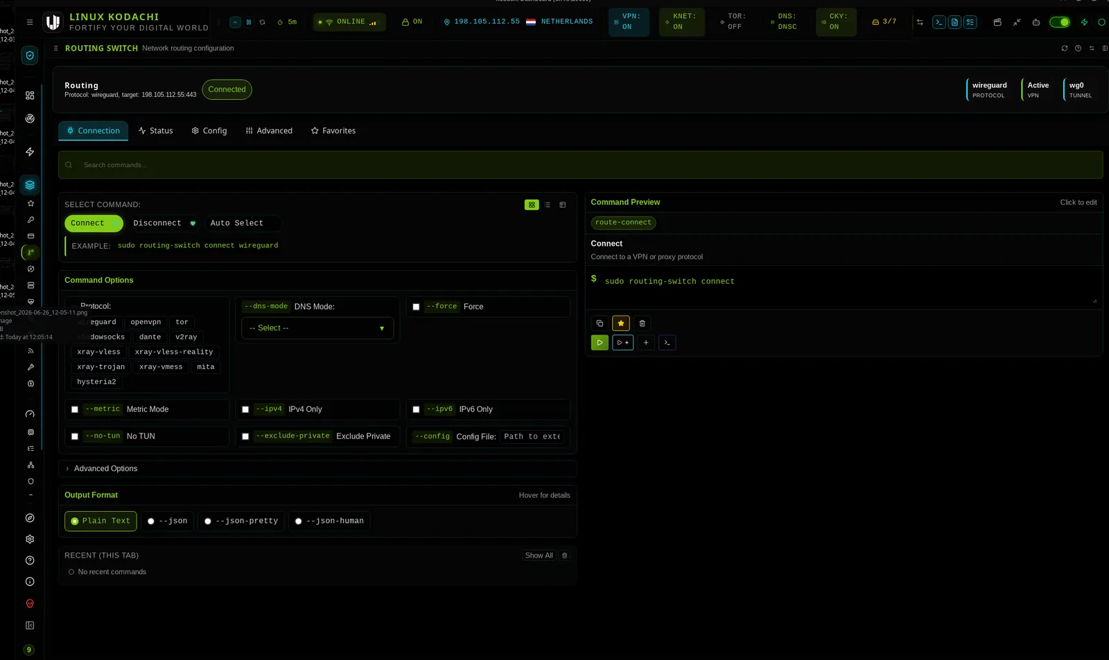 Kodachi dashboard, Routing switch