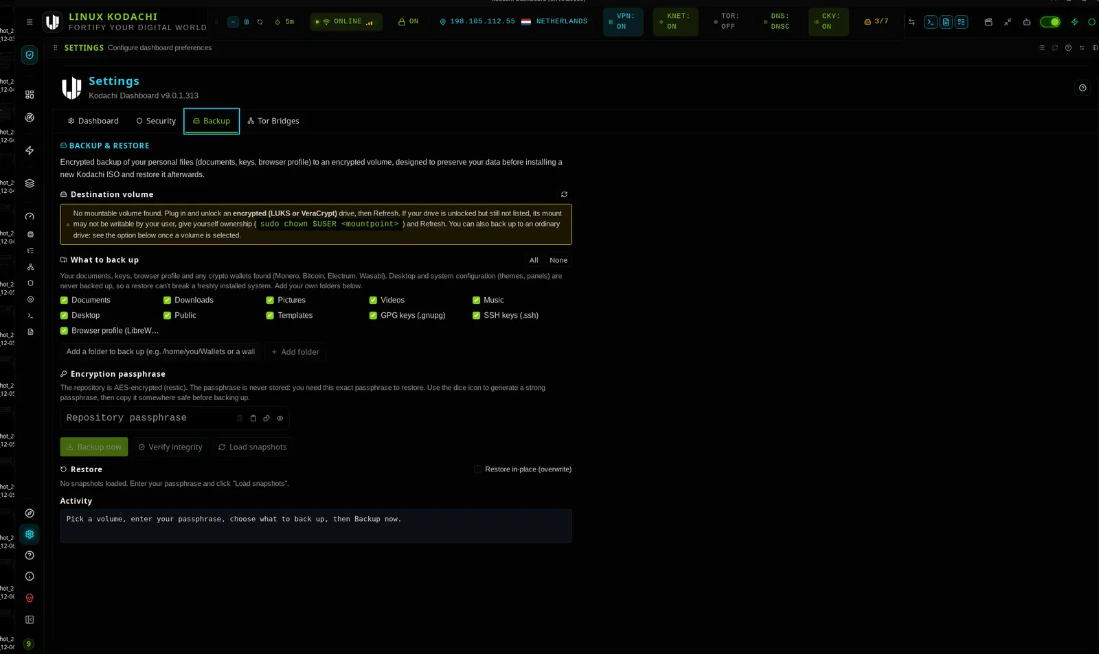 Kodachi dashboard, Settings, backup