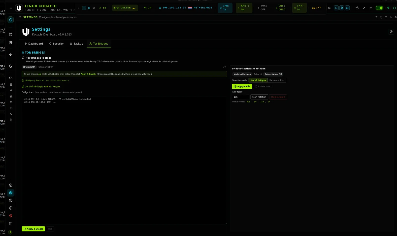 Kodachi dashboard, Settings, Tor bridges