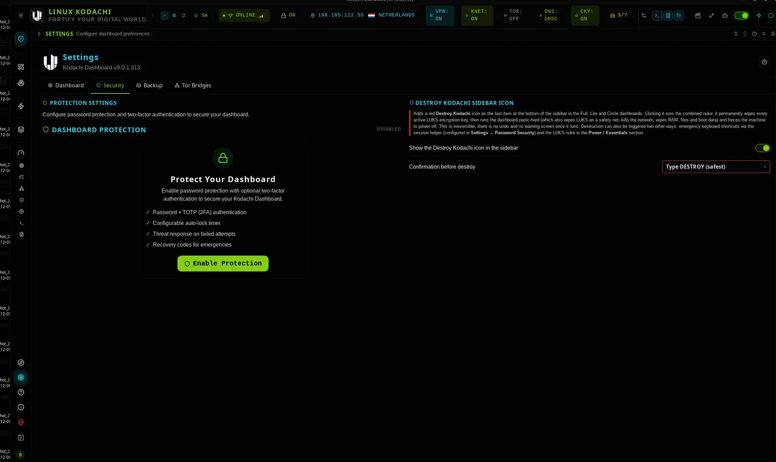 Kodachi dashboard, Settings, security