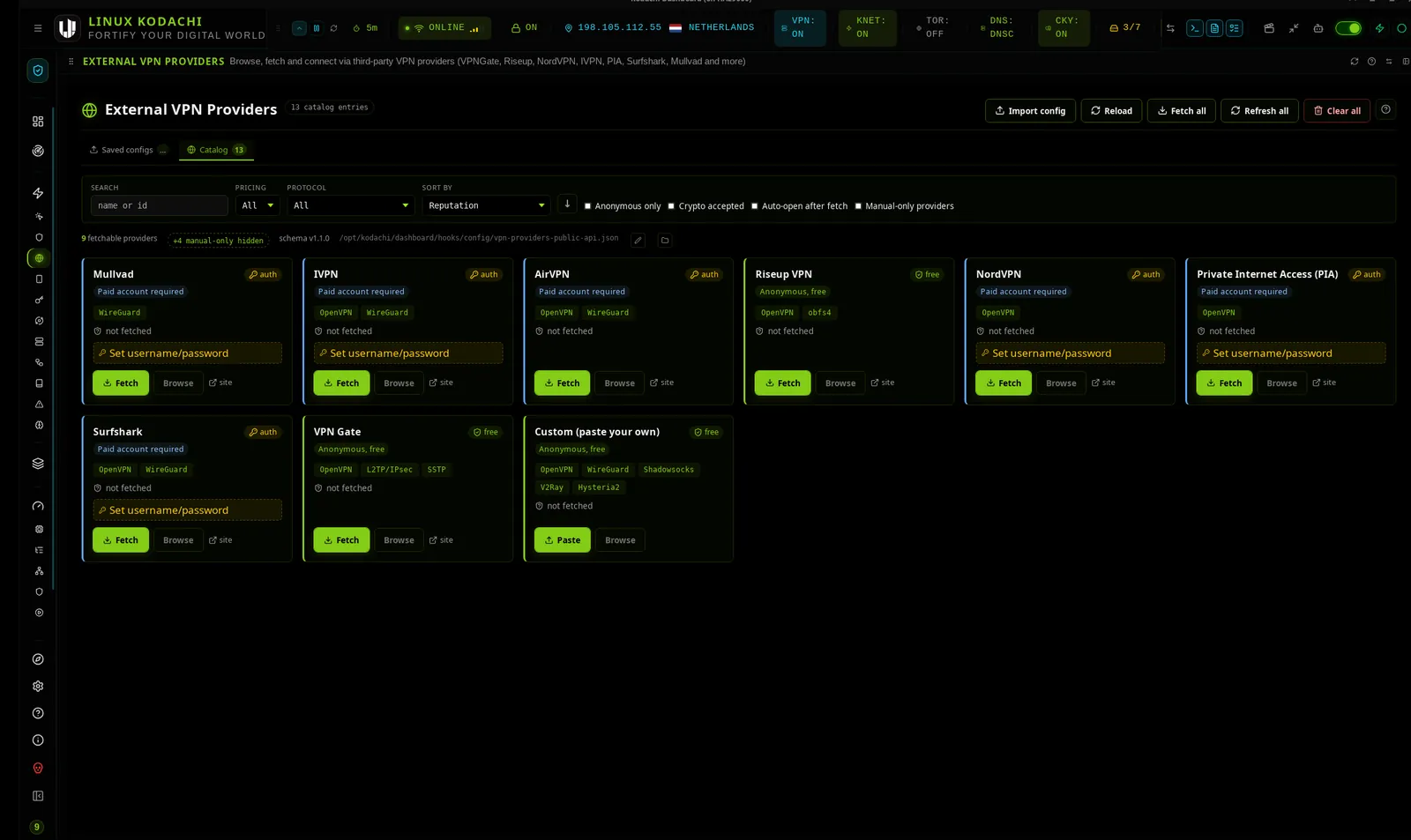 Kodachi dashboard, External VPN providers