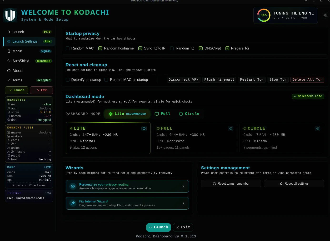 Kodachi dashboard, Welcome, launch settings